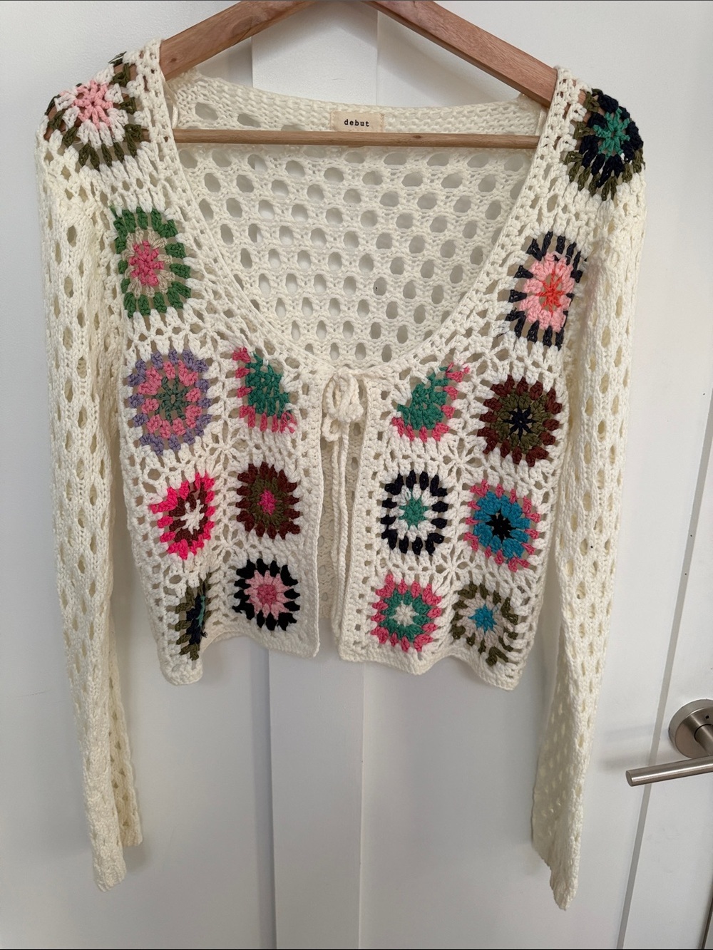 debut cream crochet tie-front cardigan with colorful floral squares